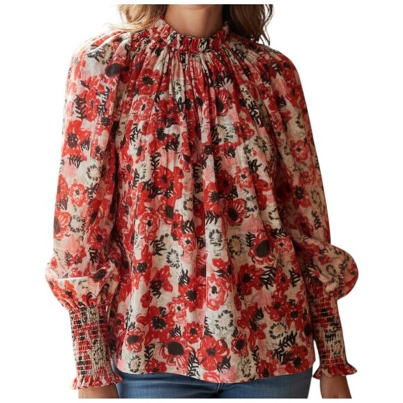 Chufy La Dolce Vita Red Floral Silk Blend Balloon Sleeve Blouse M Designer - Picture 2 of 11
